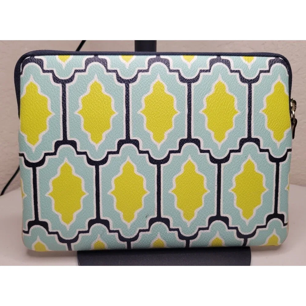 EUC Kate Spade Geometric Tablet Sleeve Pouch Teal Yellow Scallop Padded Gold Zip